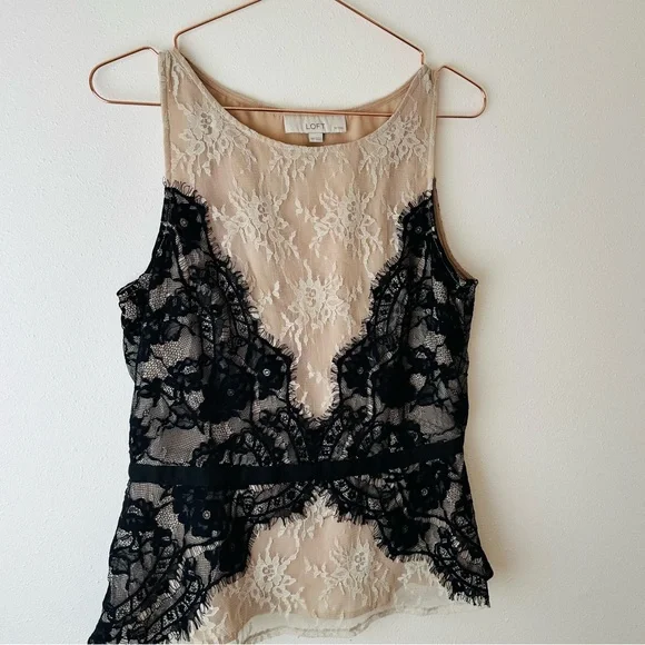 Ann Taylor LOFT Blouse Nude Eyelash Lace Ribbon Tie Peplum Tank Top - Picture 6 of 9